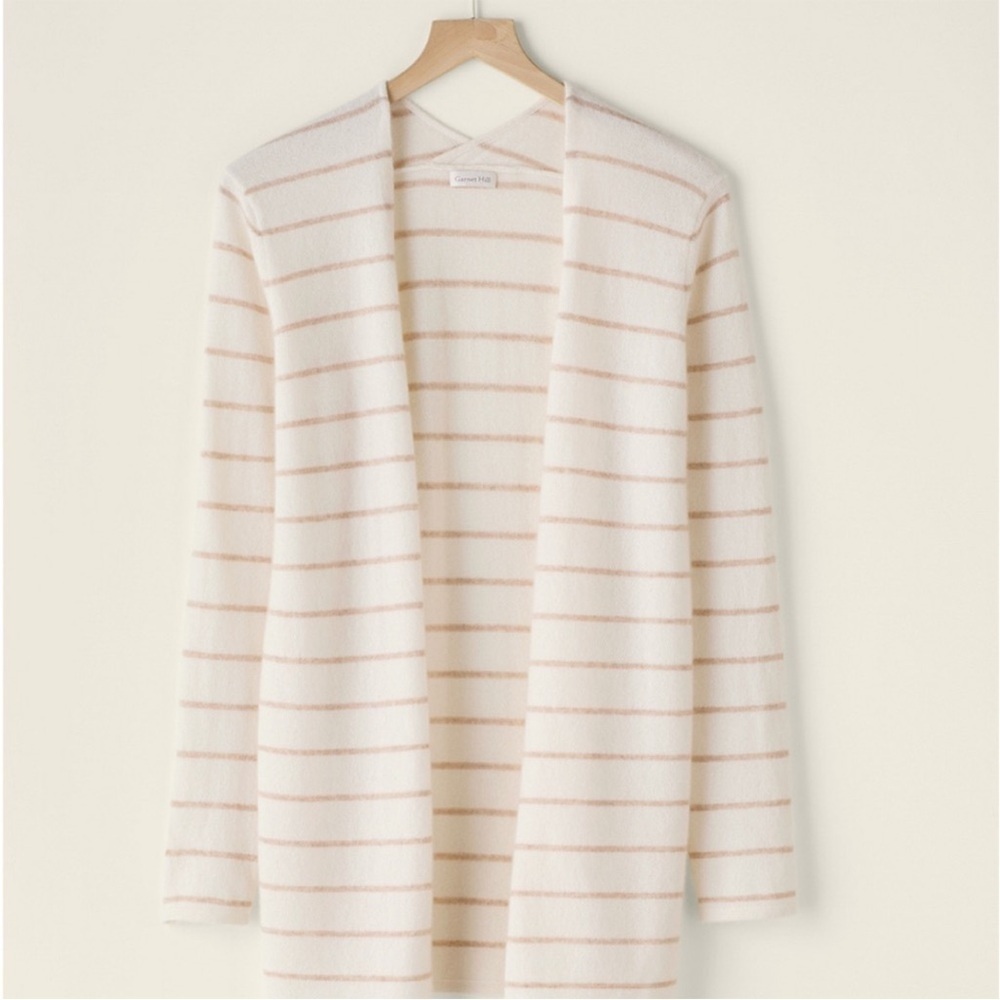 Garnet Hill SMALL 100% cashmere long stripe open cardigan sweater cream white